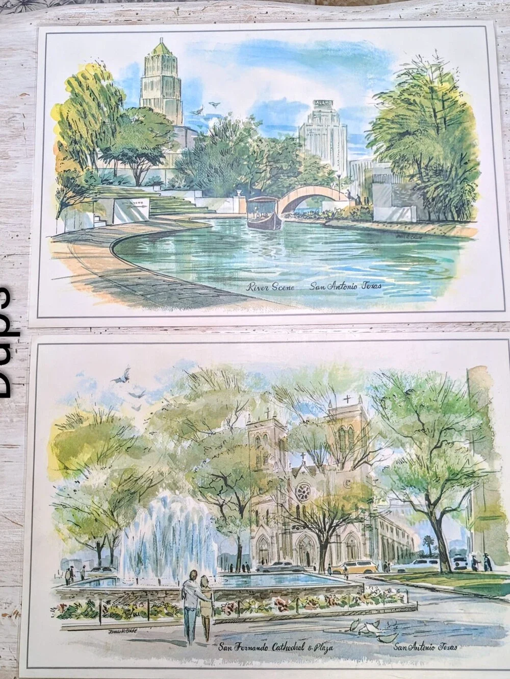 Vintage City of San Antonio, Texas James McBride Watercolor Placemats Set of 8